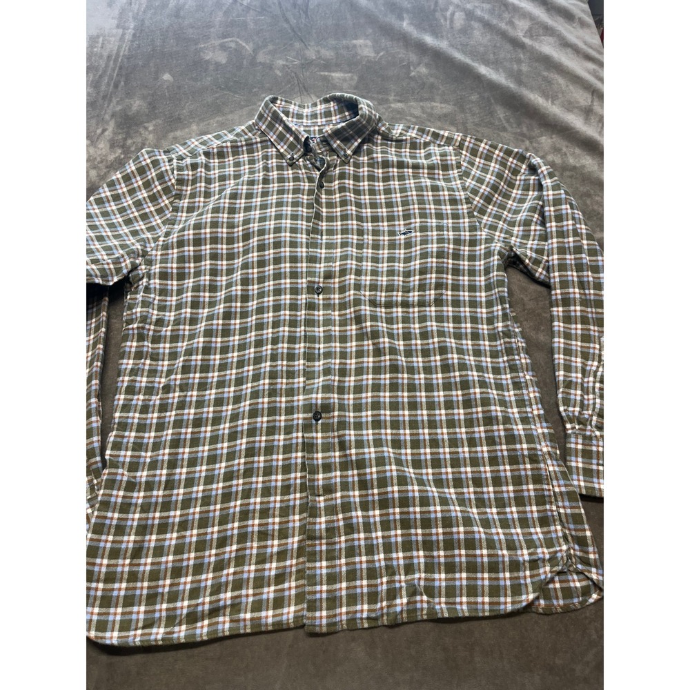 Fish Hippie Mens L Flannel Button‎ Up Shirt Olive Green Brown Plaid Casual
